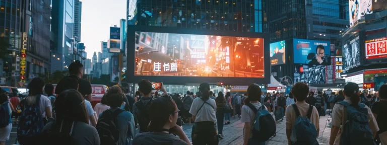 crowd of people watching a video ad on a big screen in a busy city square.