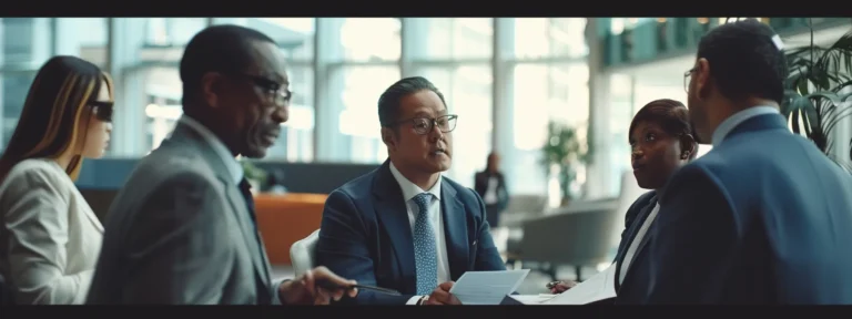 a group of diverse individuals in business attire discussing legal documents in a modern office setting.