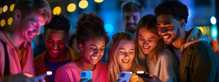 a group of people smiling and interacting with social media posts on their phones.