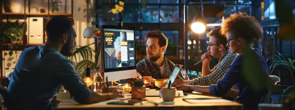 a group of people sitting in front of a computer screen discussing and brainstorming ideas for ugc ads.