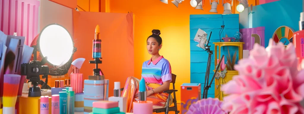 an influencer surrounded by a colorful array of products, posing for a photoshoot in a vibrant studio.