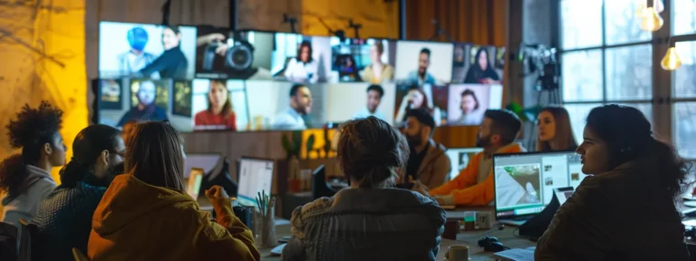 a diverse group of people creating and sharing user-generated content on multiple screens in a trendy office space.