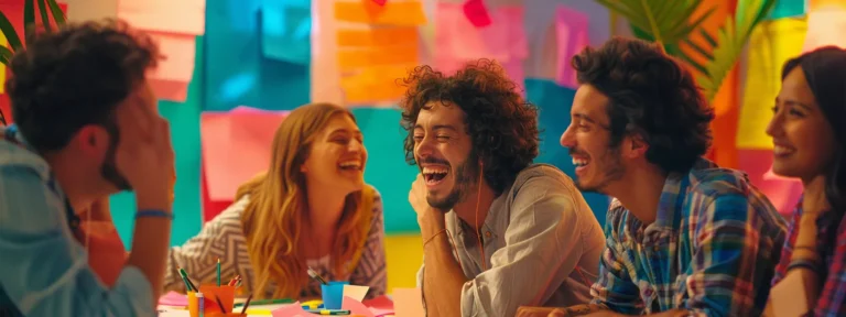 a diverse group of people laughing and brainstorming together in a colorful, vibrant room filled with post-it notes, markers, and creative props.