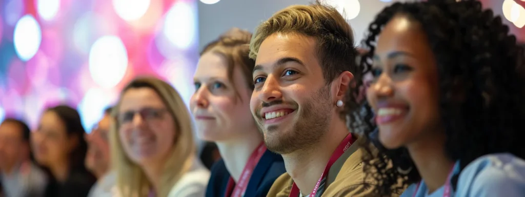 a diverse group of people smiling and engaging with a variety of user-generated content ads displayed on a digital screen at a bustling marketing conference.