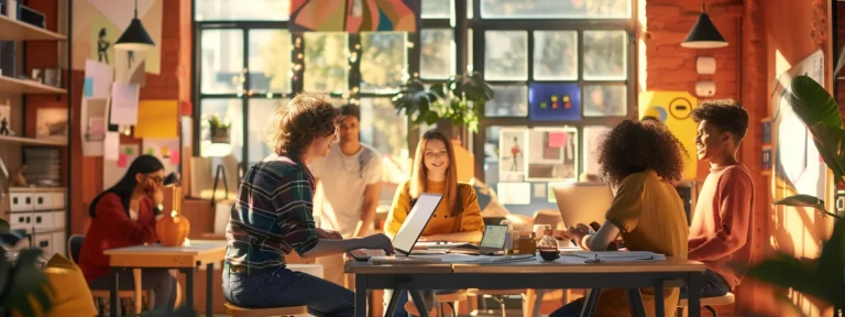 a diverse group of talented ugc creators collaborating and brainstorming ideas in a vibrant, creative studio space.