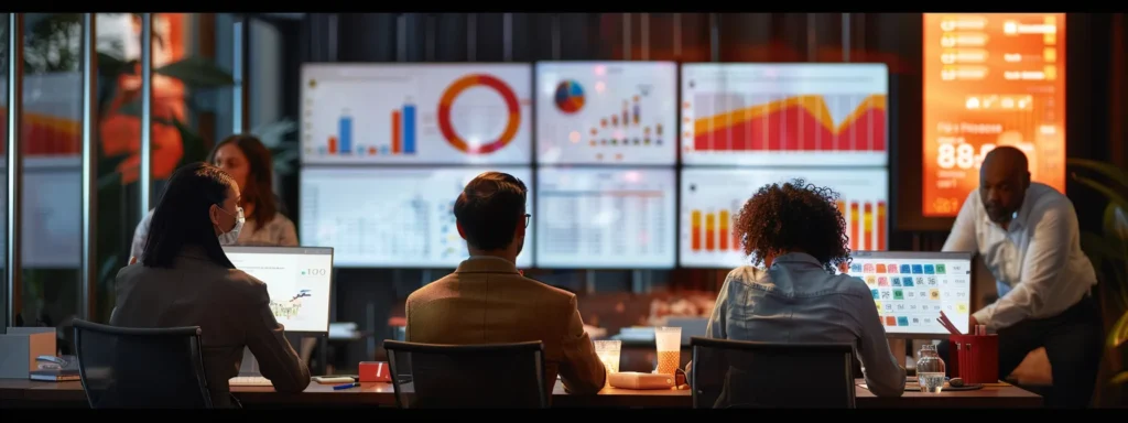 a diverse group of marketers analyzing data on multiple screens in a modern, sleek office setting.