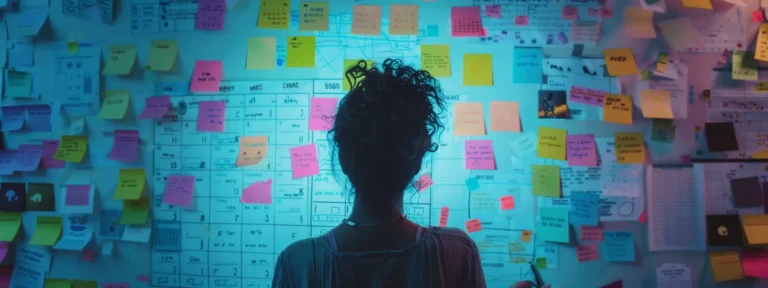 a person surrounded by colorful sticky notes, calendars, and pens, mapping out their ugc content calendar on a large whiteboard.