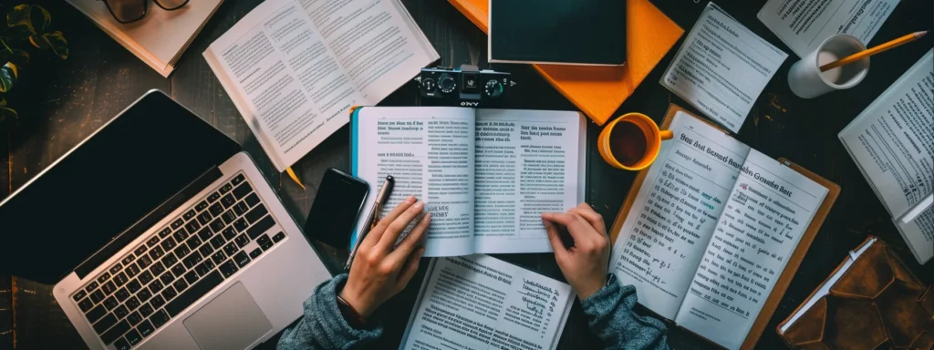 a person carefully reading a thick rulebook surrounded by legal documents and a laptop displaying ugc content creation guidelines.