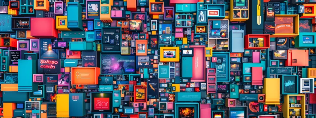 a vibrant, colorful collage of digital ad platforms jostling for attention in a crowded online marketplace.