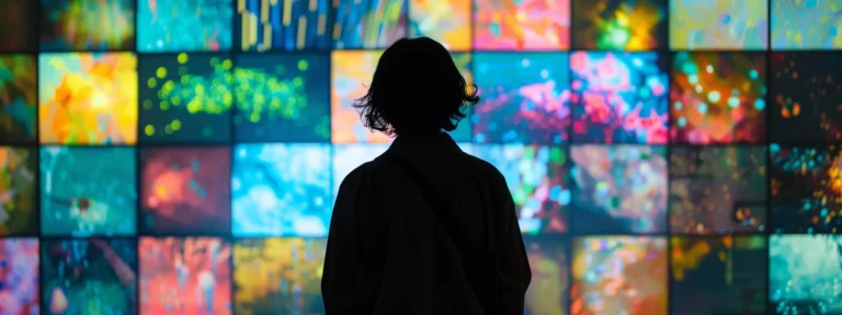 a person browsing through a colorful collage of digital images representing different forms of creative content.