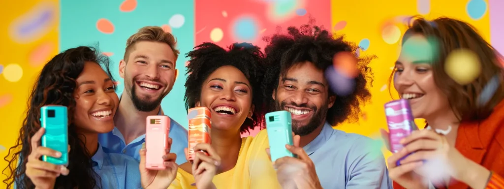 a diverse group of smiling customers holding up their favorite products in front of a colorful and vibrant backdrop.