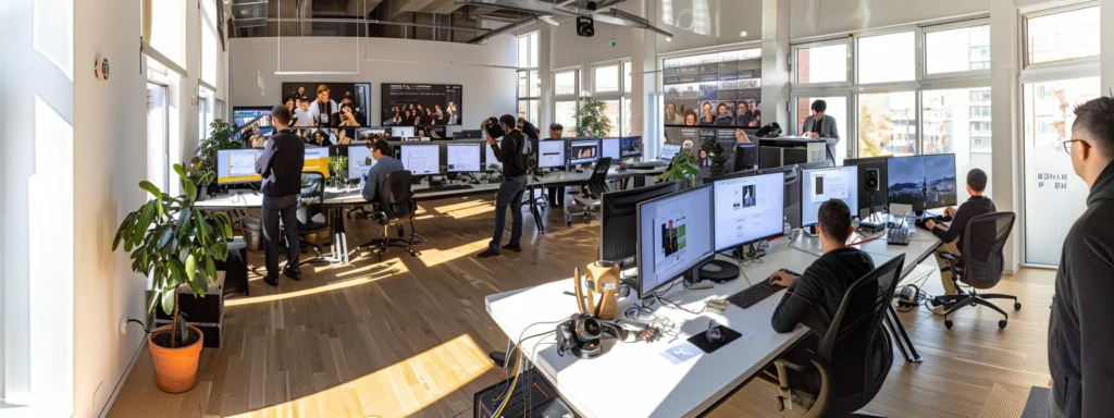 a team of moderators meticulously reviewing and discussing user-generated content on computer screens in a bright, bustling office environment.