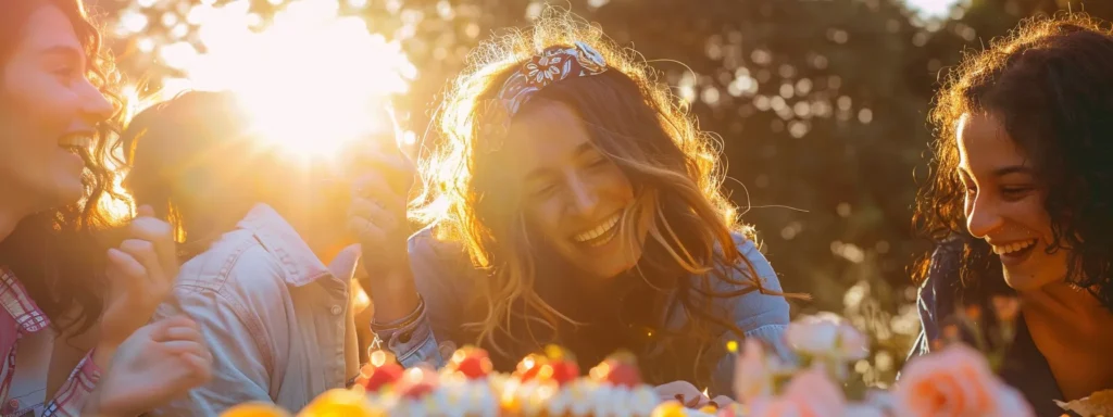 a group of friends laughing and sharing a beautifully decorated homemade dessert on a picnic blanket in a sunny park.