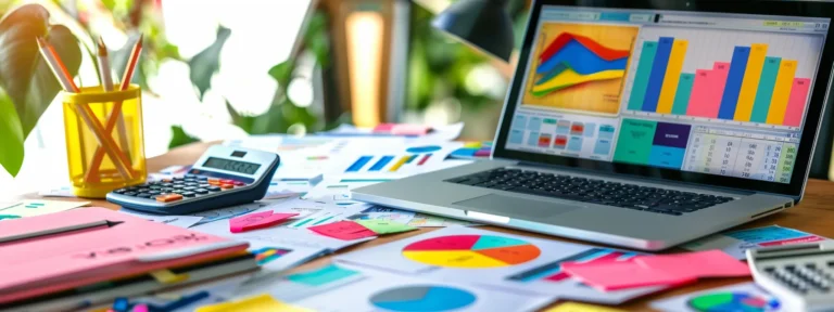 a laptop displaying colorful charts and graphs, surrounded by marketing materials and a calculator, symbolizing measuring roi for ugc ads.