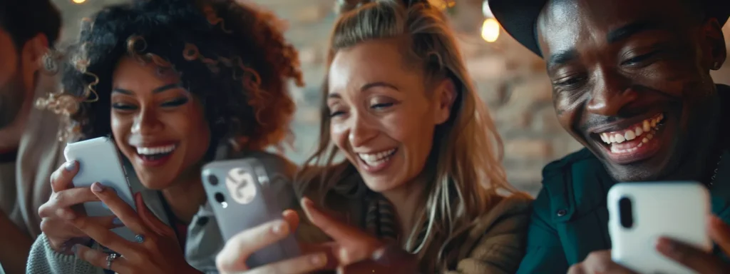 a diverse group of people smiling and interacting with a dynamic user-generated content ad on their smartphones.