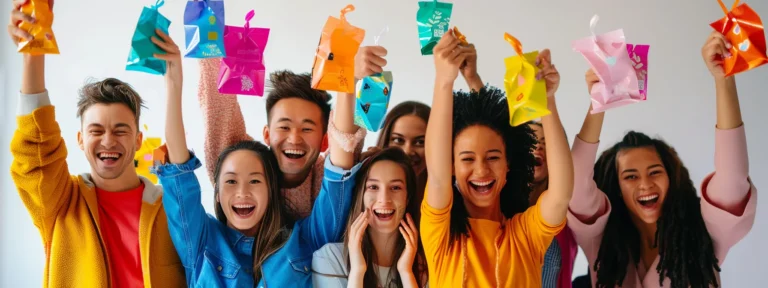 a diverse group of happy customers holding up personalized products with colorful designs in front of a plain white backdrop.