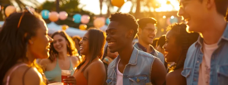 a diverse group of customers smiling and interacting with a brand's products in a lively and engaging outdoor setting.