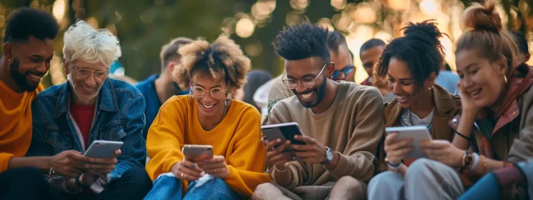 a diverse group of people passionately engaging with user-generated content on various digital devices in a bustling urban park.