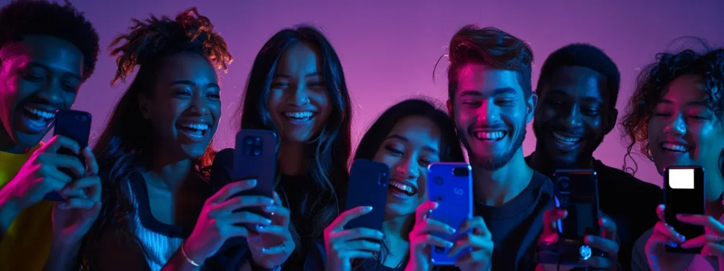 a diverse group of young people smiling and holding up smartphones to capture their authentic experiences with affordable ugc ad platforms for marketers.