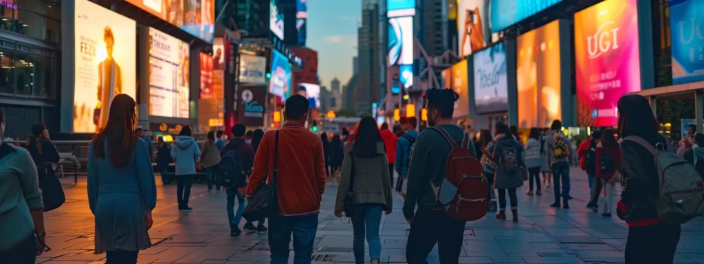 vibrant and diverse group of people engaging with ugc ads on various screens in a bustling city square.