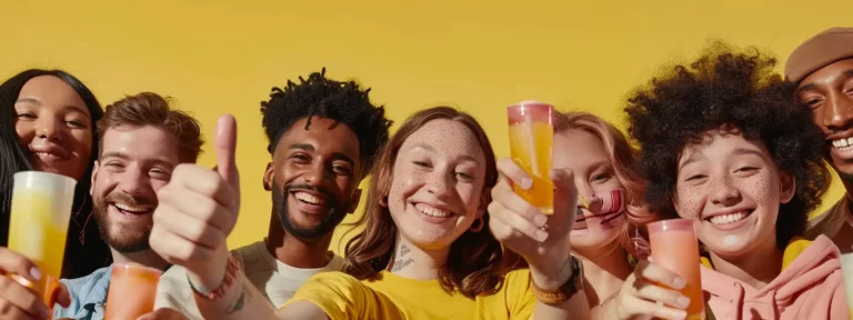 a diverse group of smiling customers holding up products and giving thumbs up gestures, showcasing the effectiveness of ugc ads.