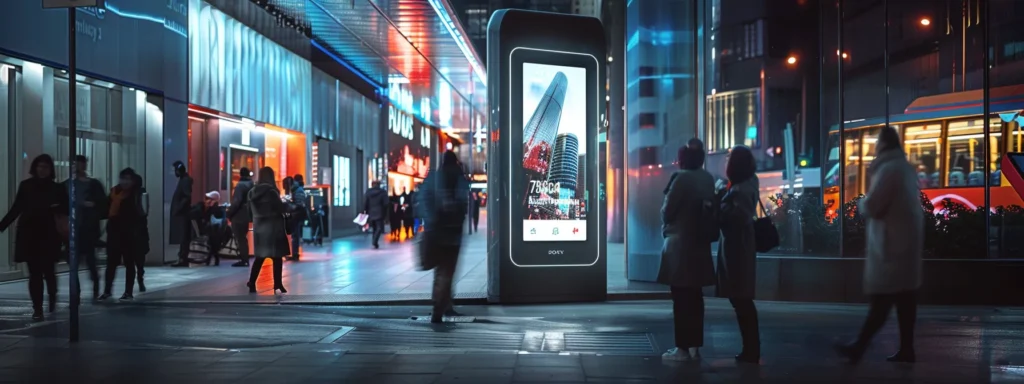 a sleek, futuristic billboard displaying targeted ads to pedestrians on a bustling city street.