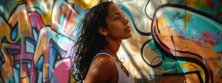 a woman standing in front of a wall covered in colorful graffiti, looking thoughtful and contemplative.