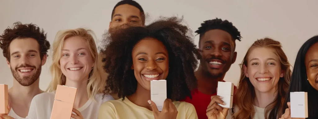 a diverse group of smiling customers holding up products with enthusiasm, showcasing the power of user-generated content in amplifying your brand's message.