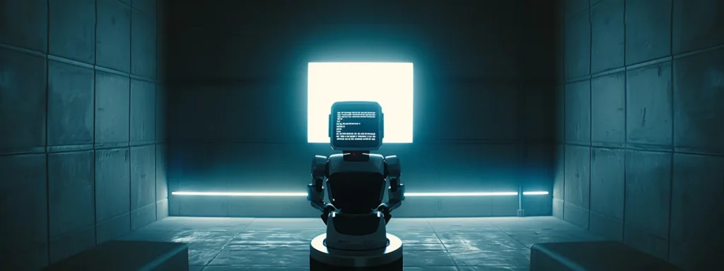 a futuristic robot analyzing data on a sleek digital screen in a dimly lit room.