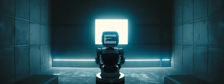 a futuristic robot analyzing data on a sleek digital screen in a dimly lit room.