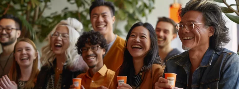 a group of diverse people smiling and holding up products while sharing positive feedback in a lively focus group setting.