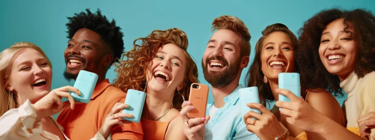 a diverse group of happy customers holding up products with big smiles, showcasing the power of user-generated content for boosting brand credibility and trust.