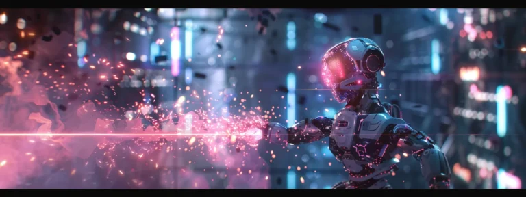 a futuristic ai-powered robot analyzing data on a futuristic holographic display.