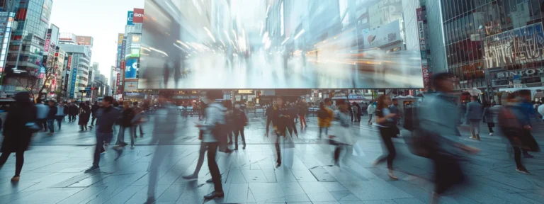 a futuristic holographic billboard displays personalized ads to a diverse group of consumers in a bustling city square.