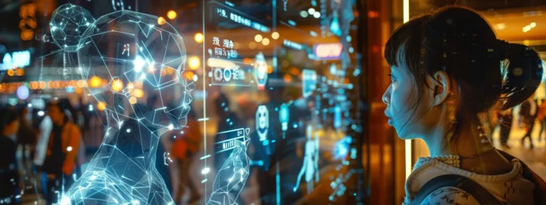 a futuristic holographic display showing personalized ads targeting specific demographics.