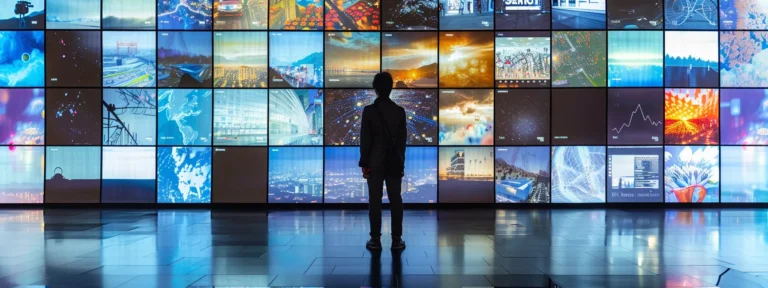 a person standing in front of a digital screen displaying personalized ads based on their browsing history.