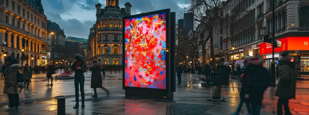 a vibrant, eye-catching ad displayed on a digital screen in a bustling city square.