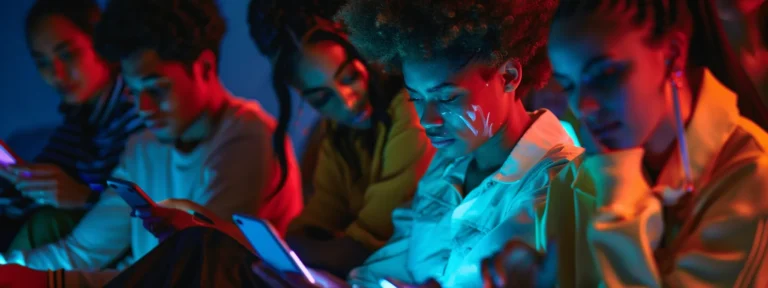 a diverse group of people eagerly engaging with vibrant and eye-catching user-generated content ads on their smartphones.