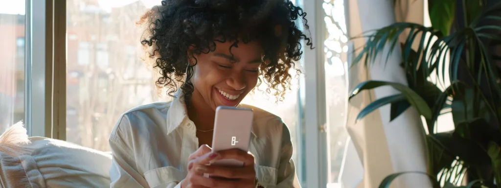 a woman smiling while holding a product and reading positive reviews on her phone.