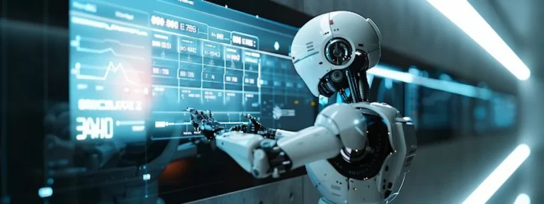 an ai-powered robot creating a vibrant, eye-catching advertisement on a sleek, futuristic digital screen.