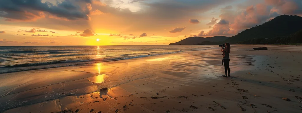 a photographer holding a camera, capturing a stunning sunset over a tranquil beach, showcasing the importance of respecting and protecting ugc copyright.