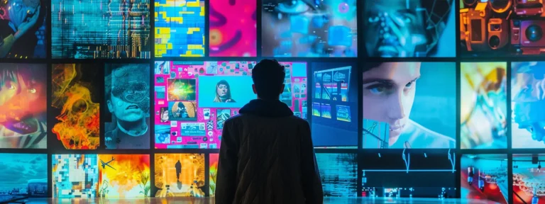 a vibrant, colorful collage of user-generated content ads displayed on a digital screen.