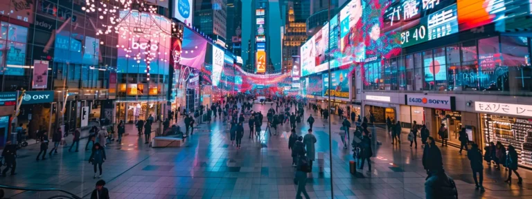 a diverse array of vibrant, user-generated content advertisements displayed on digital screens in a bustling city square.