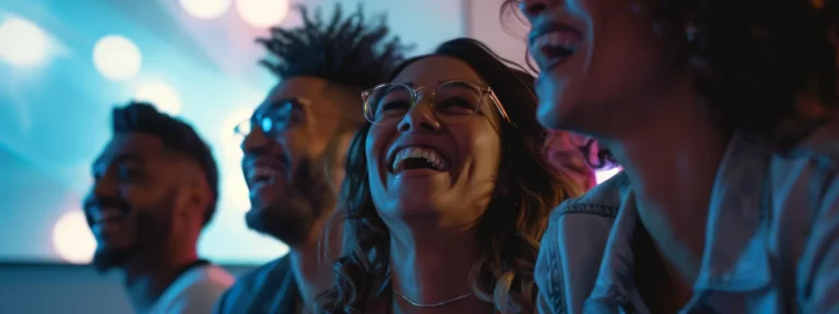 a group of diverse people smiling and laughing as they engage with a digital interactive ugc ad on a large screen.