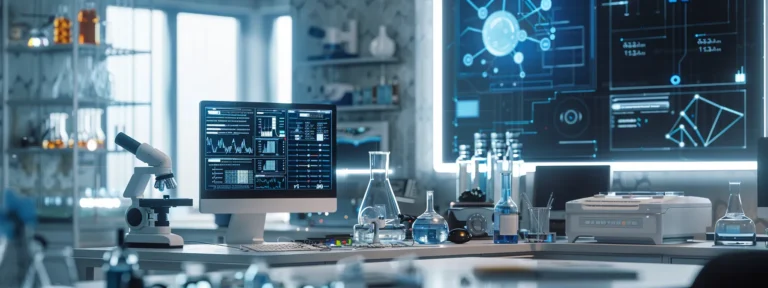 a futuristic computer screen displaying complex algorithms and colorful data visualizations, with a person analyzing the information intently.