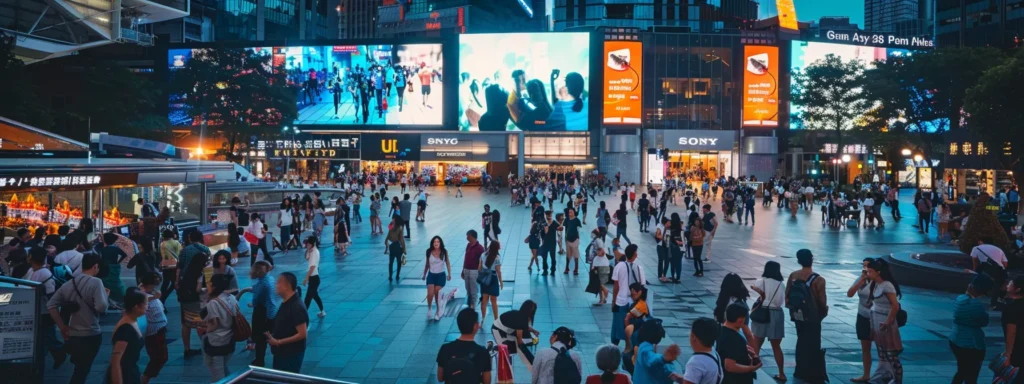vibrant crowd interacting with interactive ugc ads on digital screens in a bustling city square.