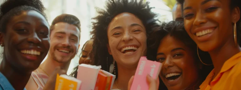 a diverse group of smiling customers holding up products with genuine expressions of happiness and satisfaction, showcasing the authentic impact of user-generated content on boosting brand reputation.