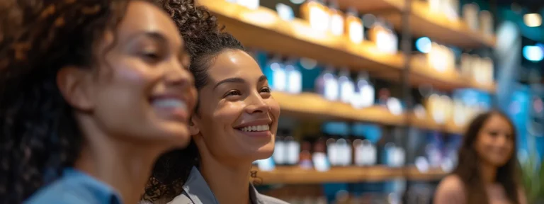 a group of smiling customers proudly displaying products with your brand logo on them.