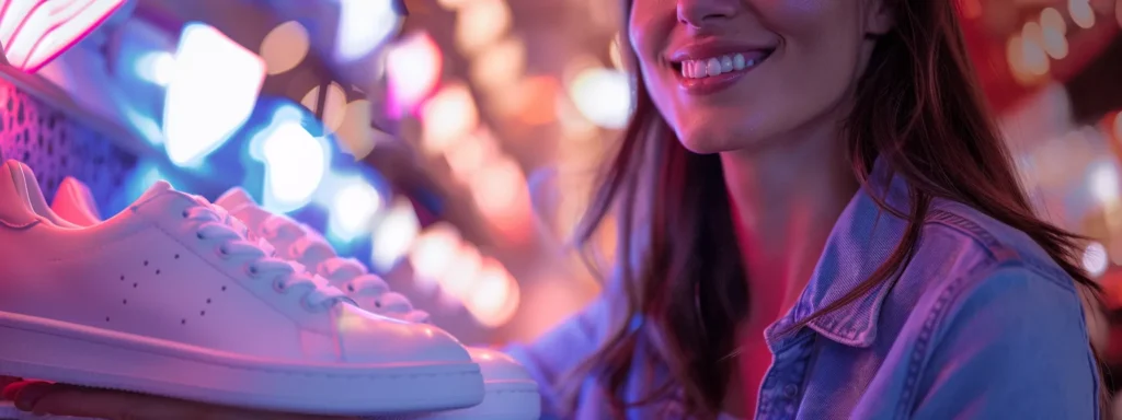 a woman smiles brightly as she admires a custom-made shoe design, showcasing the power of personalized ugc ads.