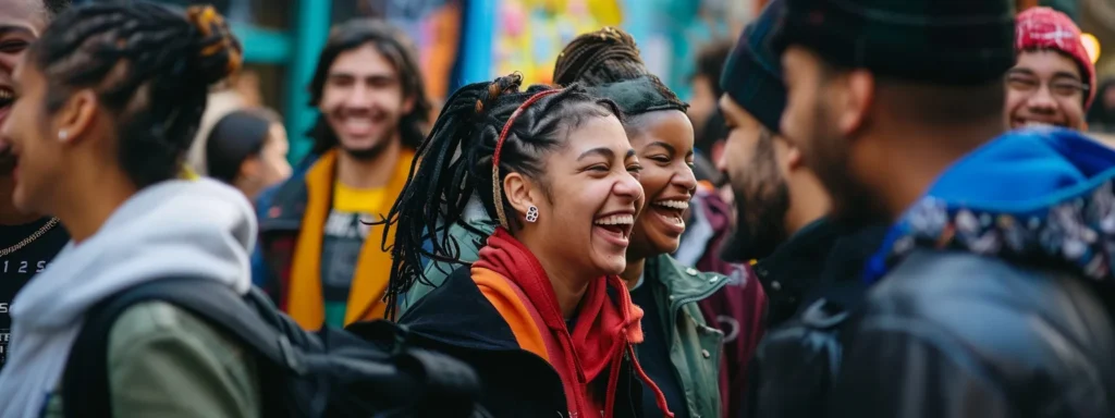 a diverse group of people smiling and interacting with each other in a vibrant, bustling community event.